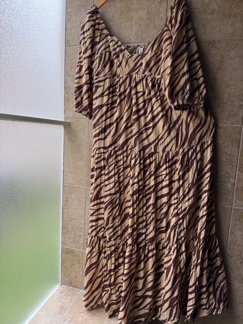 Blossom Maxi Dress Anthropologie Zebra Stripe Tan Brown Size L Please Note FLAW